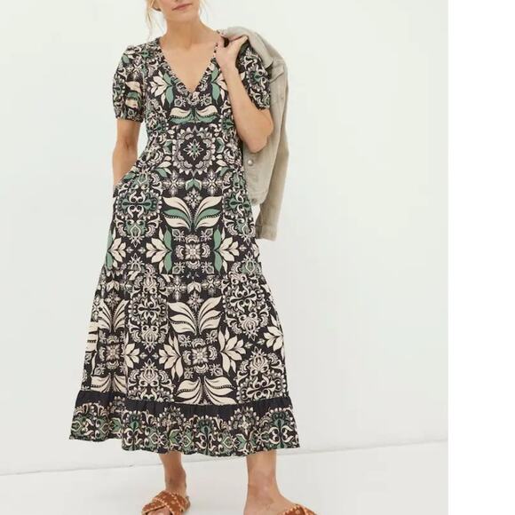 Fatface Women's Black Priya Mosaic Leaf Midi Dress Size 6 - Picture 1 of 12